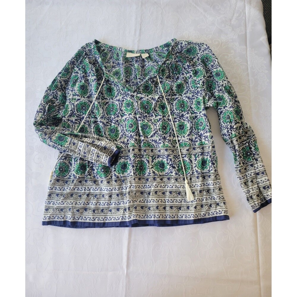 Cynthia Rowley Top Womens Large Blue Green Floral Tassel Boho Peasant